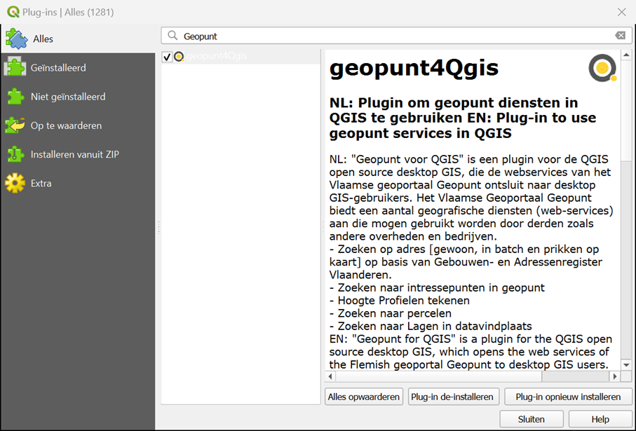 De Geopunt-plugin installeren in QGIS