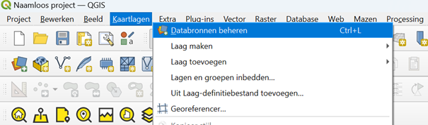 Een kaart opladen in QGIS via Databronnen beheren