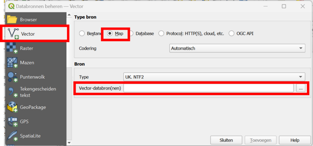 Een vector-kaart opladen in QGIS via Databronnen beheren