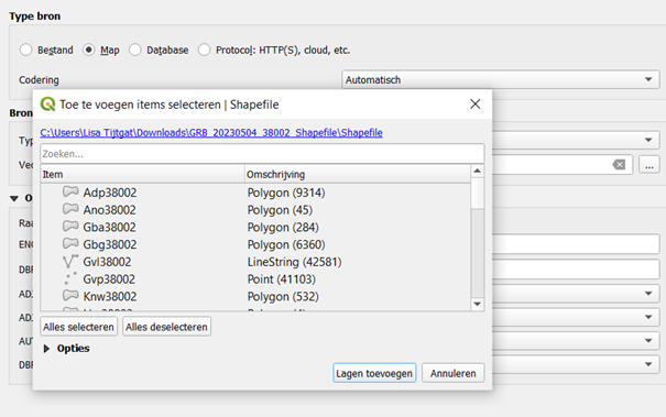 Kaarten opladen in QGIS door shapefile-bestanden te selecteren