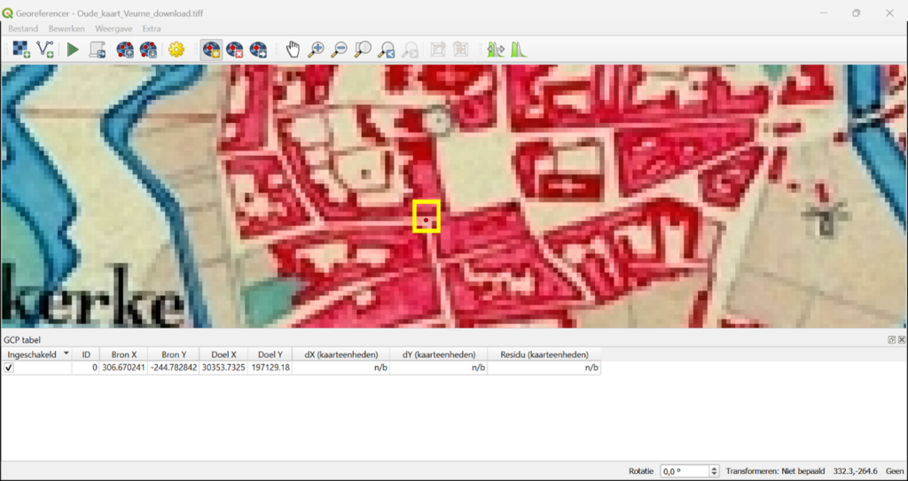 Een gegeorefereerd punt in de Georeferencer van QGIS