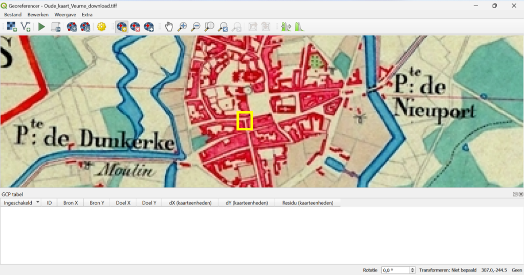 Een punt aanduiden op de kaart in de Georeferencer van QGIS