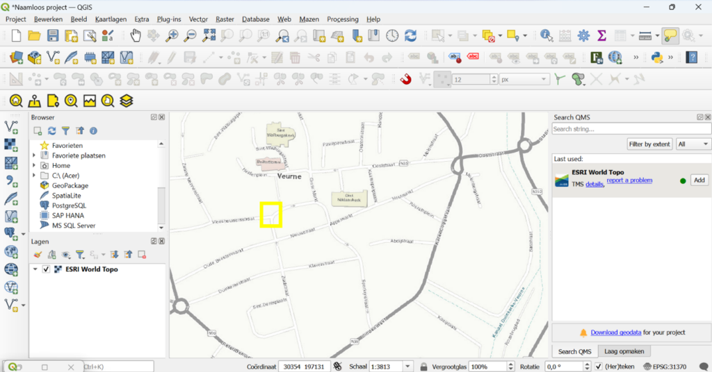 Een punt aanduiden op het kaartvenster voor de de Georeferencer in QGIS