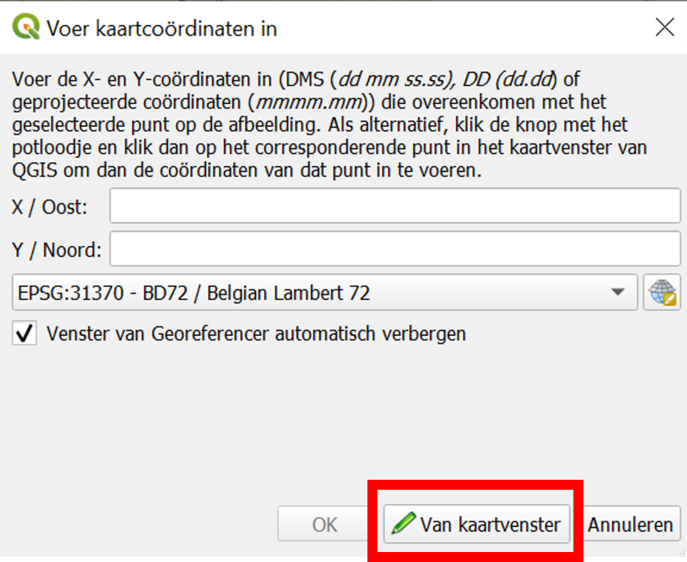 Een punt kiezen van het kaartvenster voor de Georeferencer in QGIS