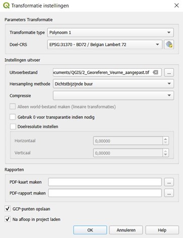 Transformatie-instellingen van de Georeferencer in QGIS