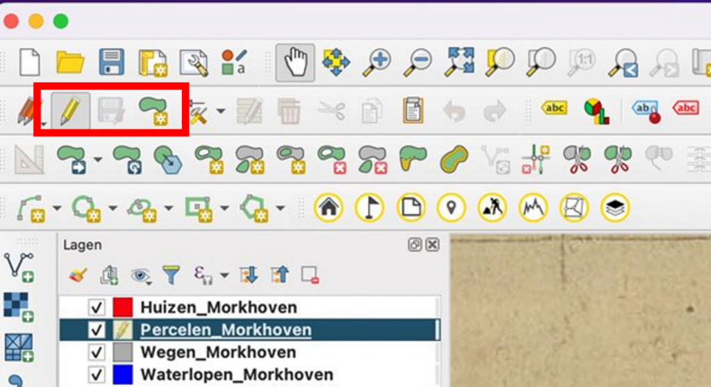 De verschillende knoppen in QGIS om polygonen te tekenen