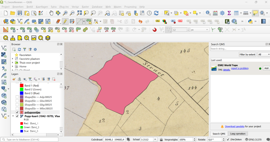 Een nieuw getekende polygoon in QGIS