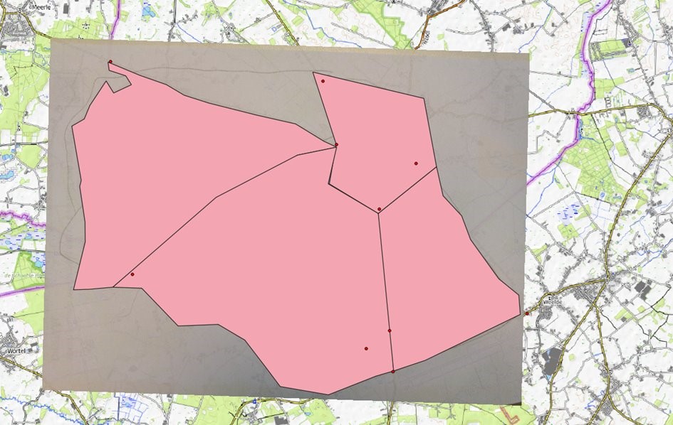 QGIS-kaart met getekende polygonen in Baarle-Hertog en Baarle-Nassau