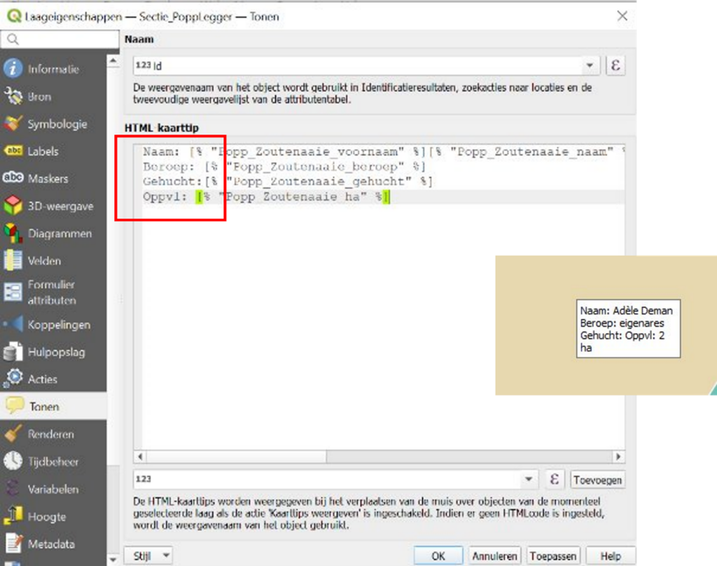 De tekst uit je HTML-kaarttip in QGIS opmaken - beschrijvingen toevoegen
