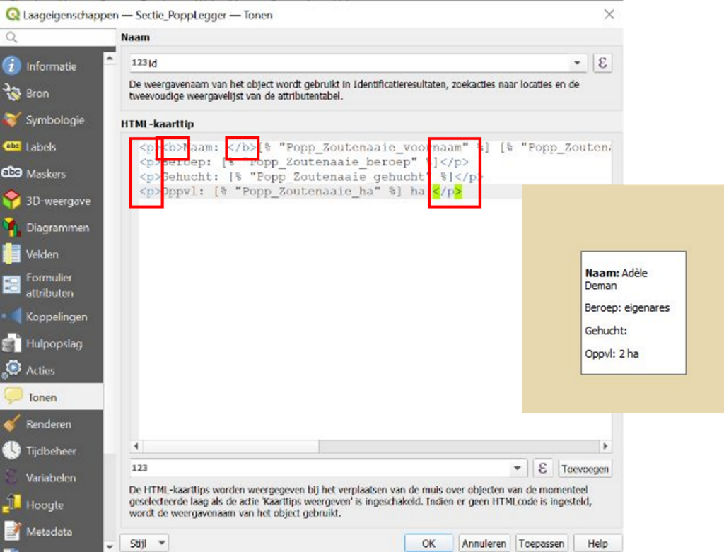 De tekst uit je HTML-kaarttip in QGIS opmaken - tekst in het vet zetten en paragrafen toevoegen