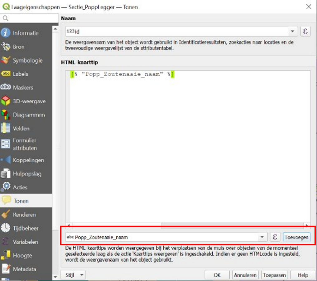 Het dialoogvenster tonen voor de HTML-kaarttip in QGIS