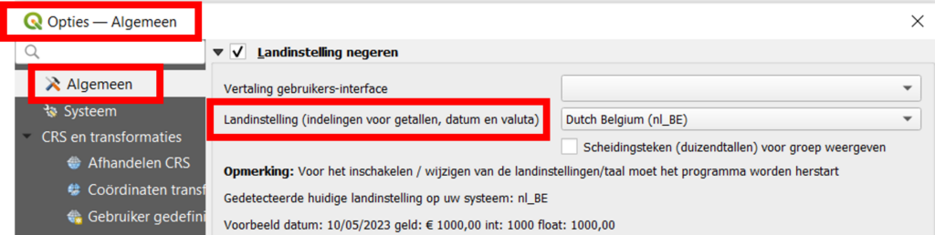 Algemene instellingen van QGIS (landinstelling)