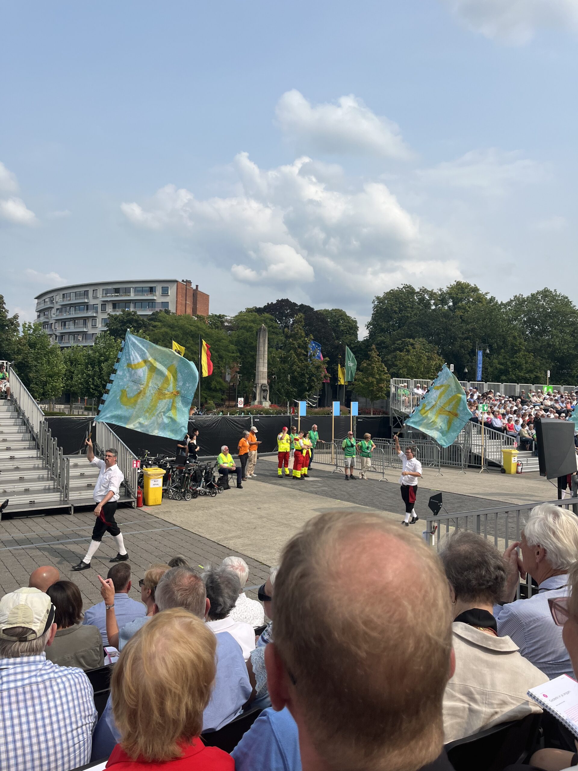 Mensen met vlaggen lopen mee in de Virga Jesse ommegang