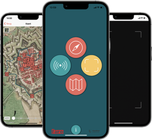 Een smartphone met een kaart n de ErfgoedApp