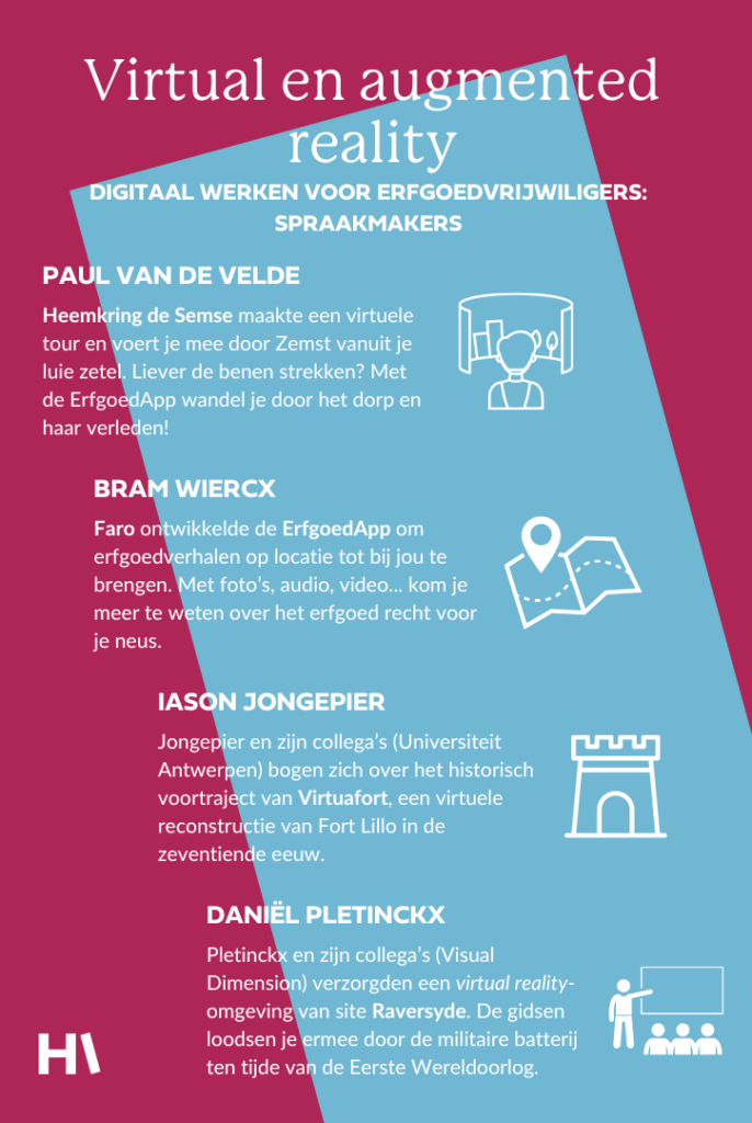 Een rood, blauwe infographic rond virtual en augmented reality voor erfgoedvrijwilligers als project van Histories voor de reeks Spraakmakers van Digitaal Werken voor Erfgoedvrijwilligers