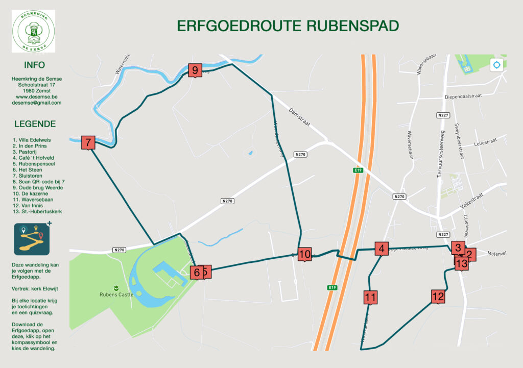 Kaart met wandelroute in de ErfgoedApp te Zemst