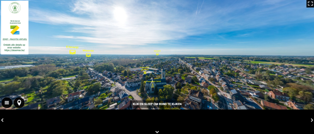 Zicht op Zemst in vogelvlucht, met blauwe lucht, vanuit een virtuele tour op het internet