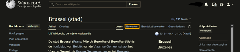 Screenshot van de Wikipediapagina van stad Brussel. Het toont waar je op moet klikken om een pagina te bewerken.