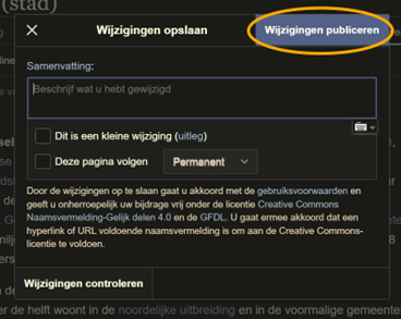 Een screenshot van Wikipedia: toont hoe je jouw wijzigingen opslaat.