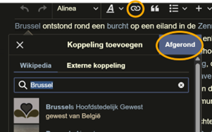 Een screenshot van Wikipedia. Het toont hoe je een koppeling toevoegt aan een Wikipediapagina.