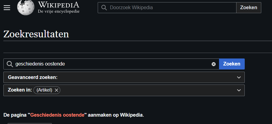 Een screenshot van Wikipedia dat toont hoe je een nieuwe Wikipediapagina kan aanmaken.
